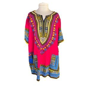 Mama and Papa Vintage Dashiki Shirt Cotton Fuchsia Patchwork Shirt with Pockets